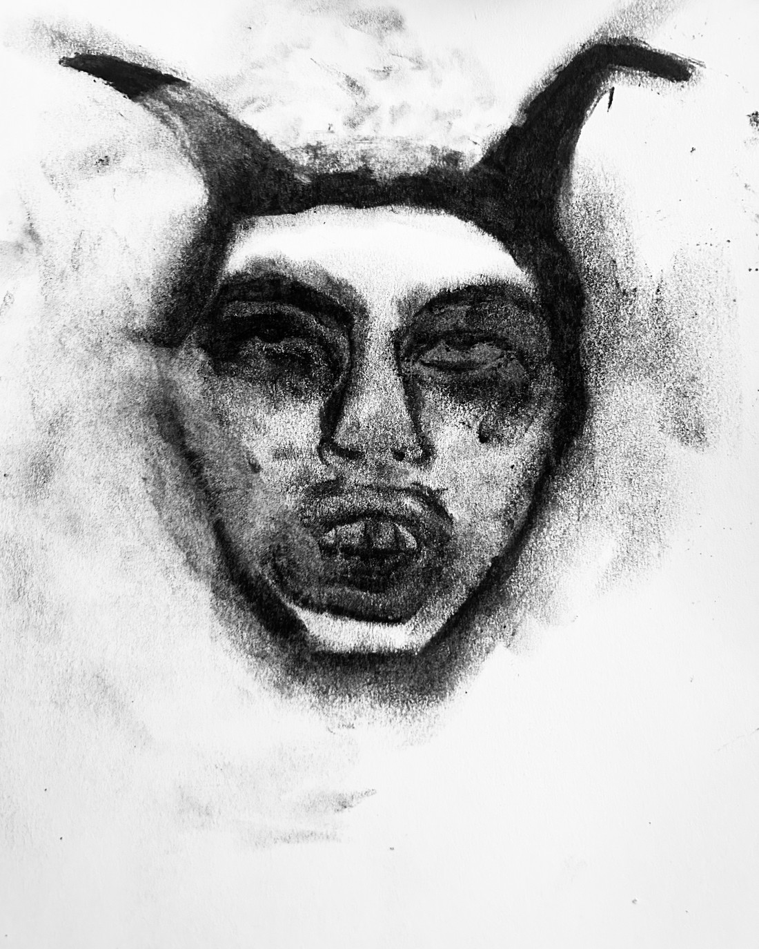 Horned figure, charcoal drawing by Bridgette